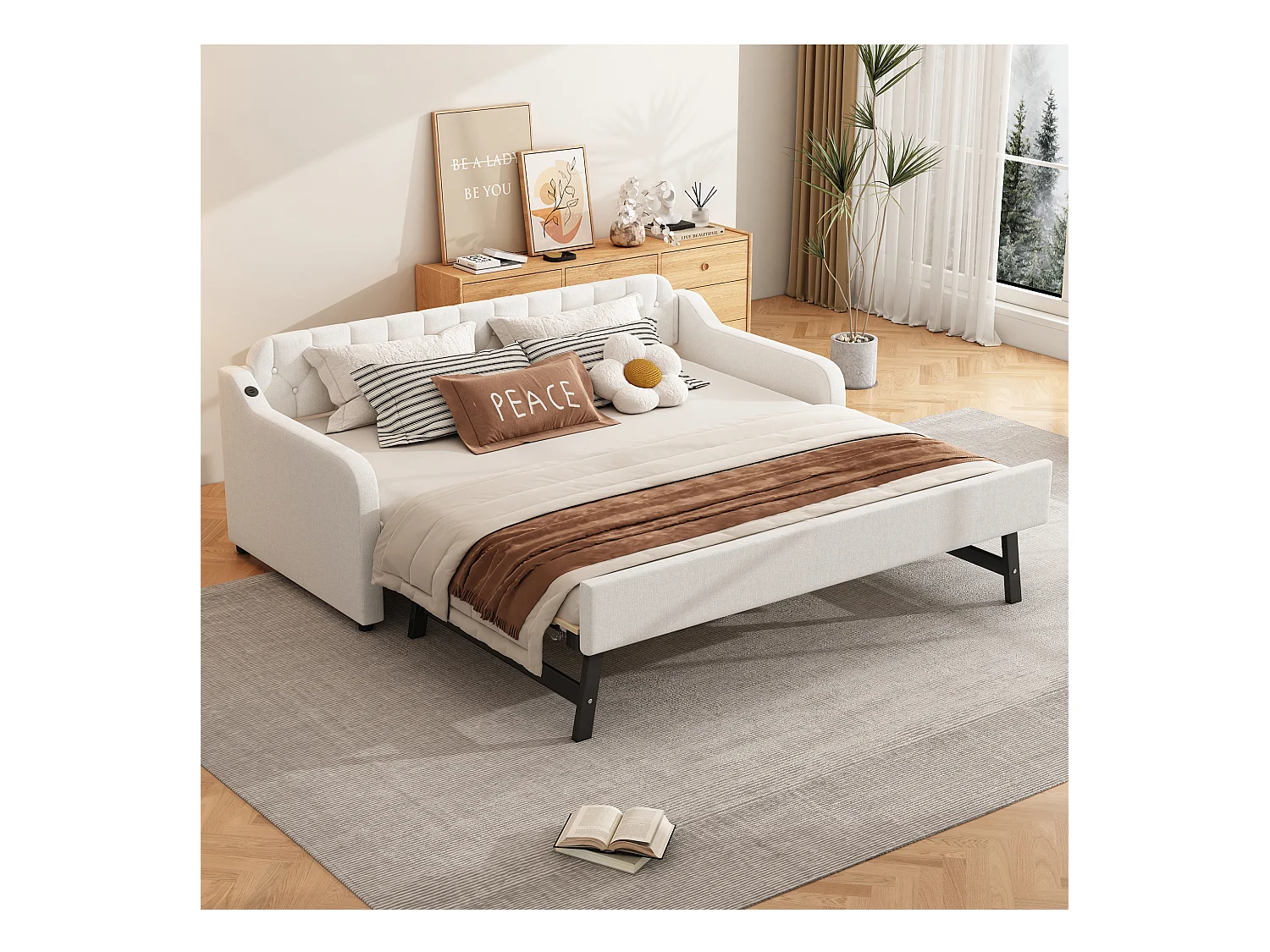 Canapé-lit 90x200 cm, avec lit escamotable, USB intégré, beige (215x191x79 cm)