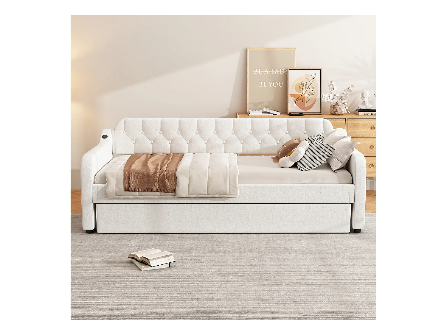 Canapé-lit 90x200 cm, avec lit escamotable, USB intégré, beige (215x191x79 cm)