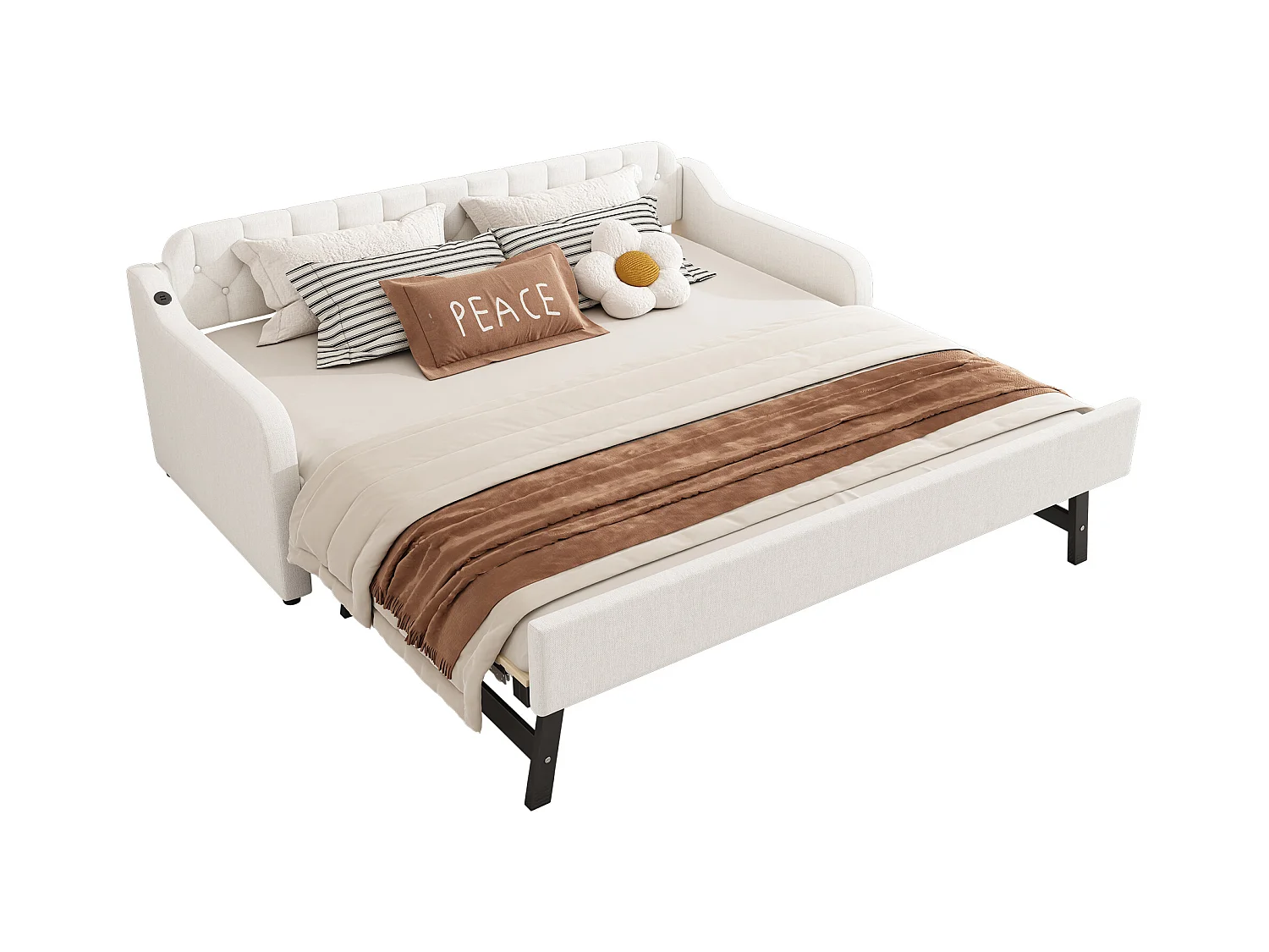 Canapé-lit 90x200 cm, avec lit escamotable, USB intégré, beige (215x191x79 cm)