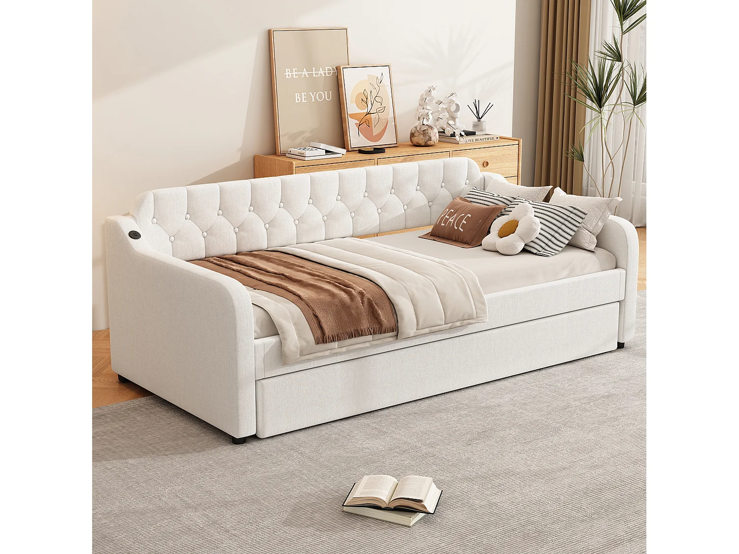 Canapé-lit 90x200 cm, avec lit escamotable, USB intégré, beige (215x191x79 cm)