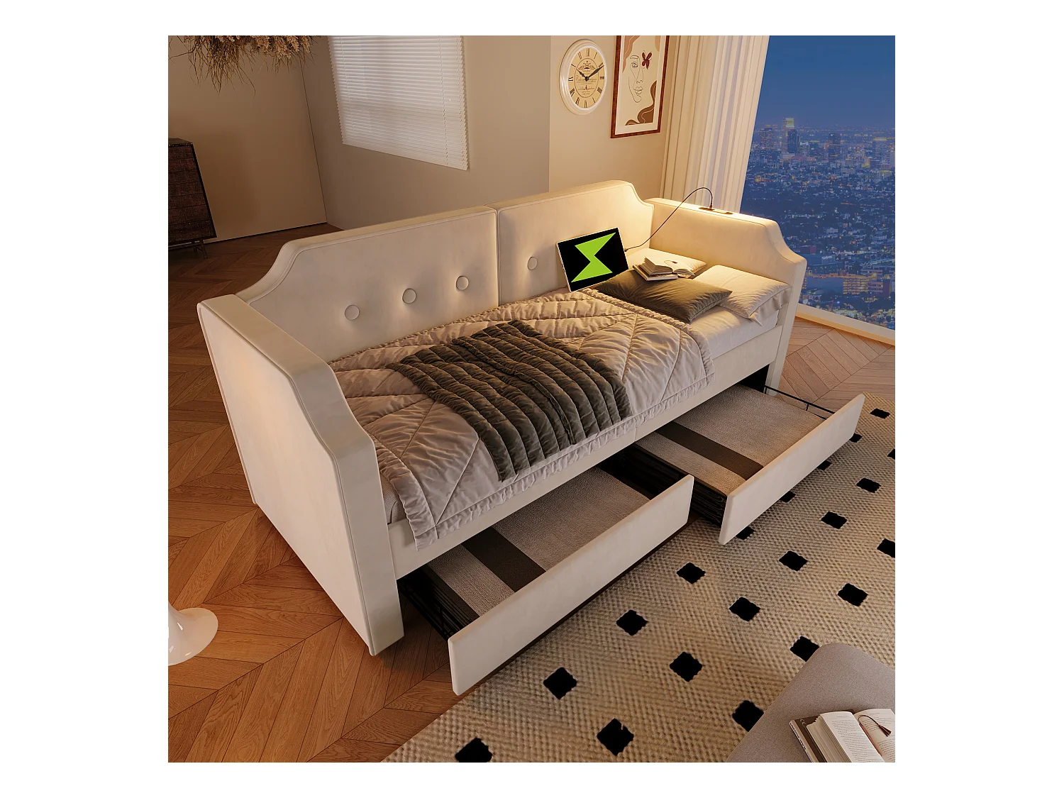 Sofabett 90x200 cm avec USB Type-C et lampe de lecture, lit avec 2 tiroirs de rangement, cadre en velours beige avec sommier en bois (217x99x76 cm)