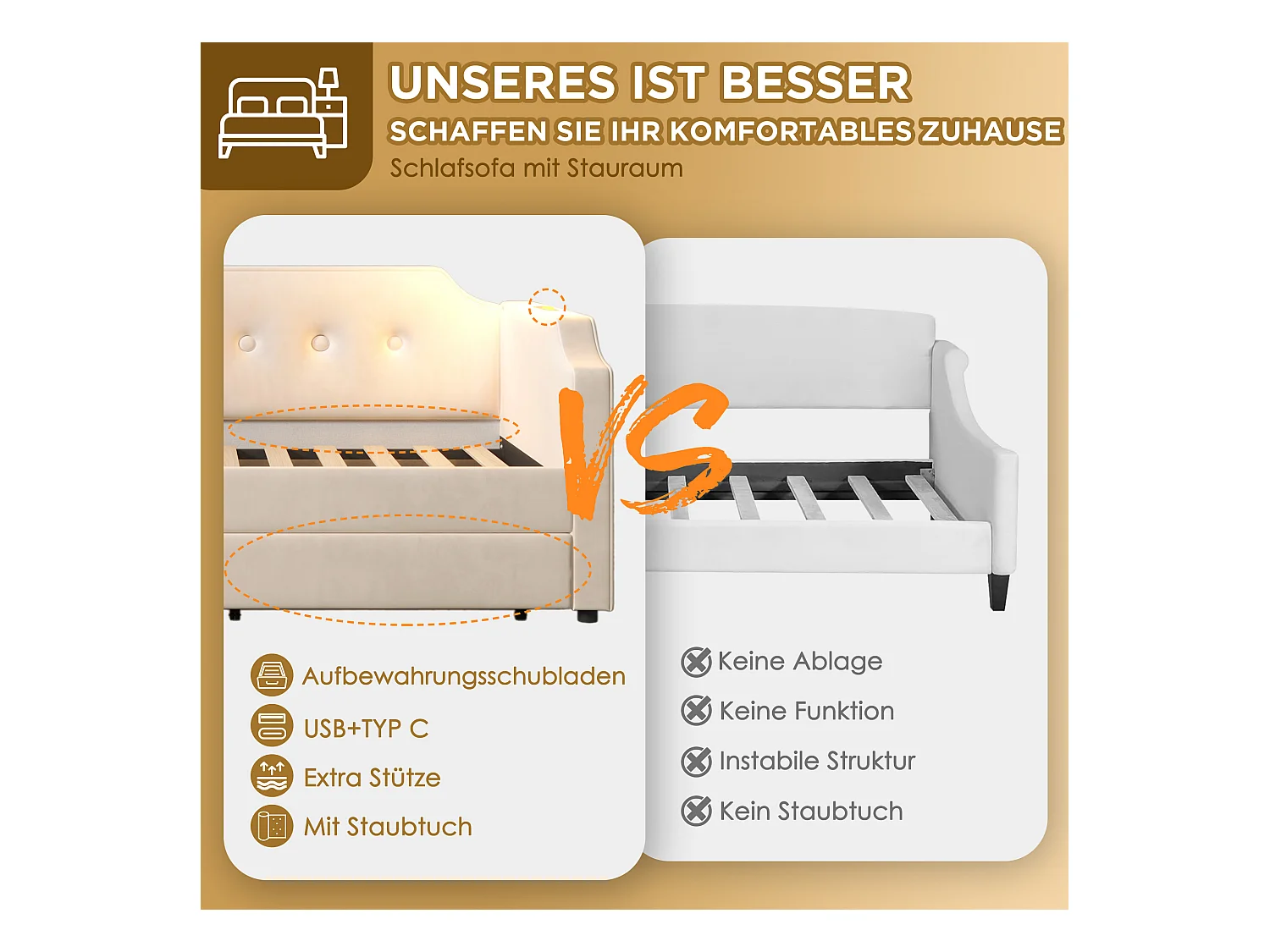 Sofabett 90x200 cm avec USB Type-C et lampe de lecture, lit avec 2 tiroirs de rangement, cadre en velours beige avec sommier en bois (217x99x76 cm)