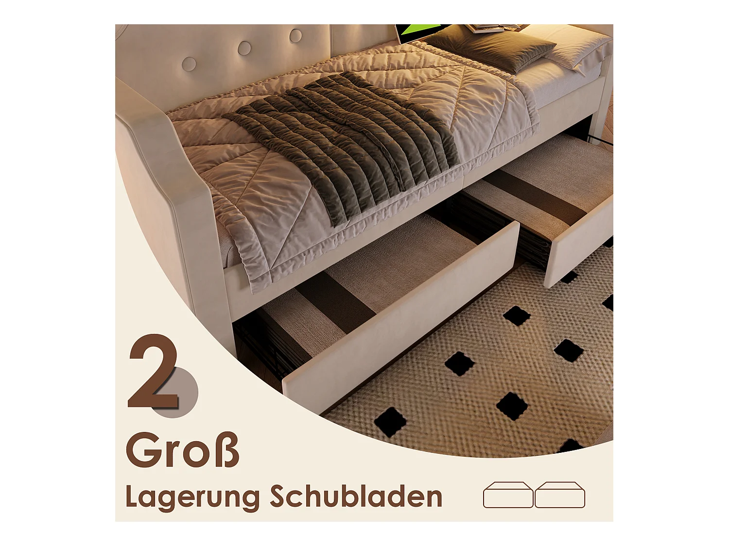 Sofabett 90x200 cm avec USB Type-C et lampe de lecture, lit avec 2 tiroirs de rangement, cadre en velours beige avec sommier en bois (217x99x76 cm)