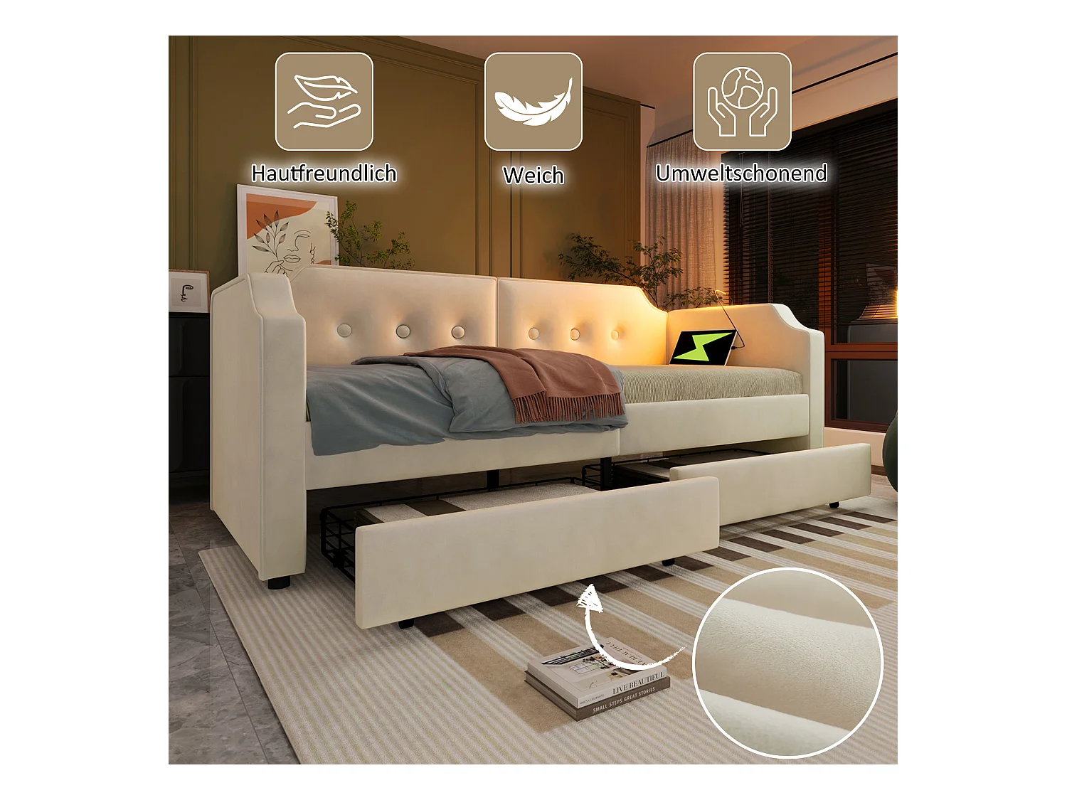 Sofabett 90x200 cm avec USB Type-C et lampe de lecture, lit avec 2 tiroirs de rangement, cadre en velours beige avec sommier en bois (217x99x76 cm)