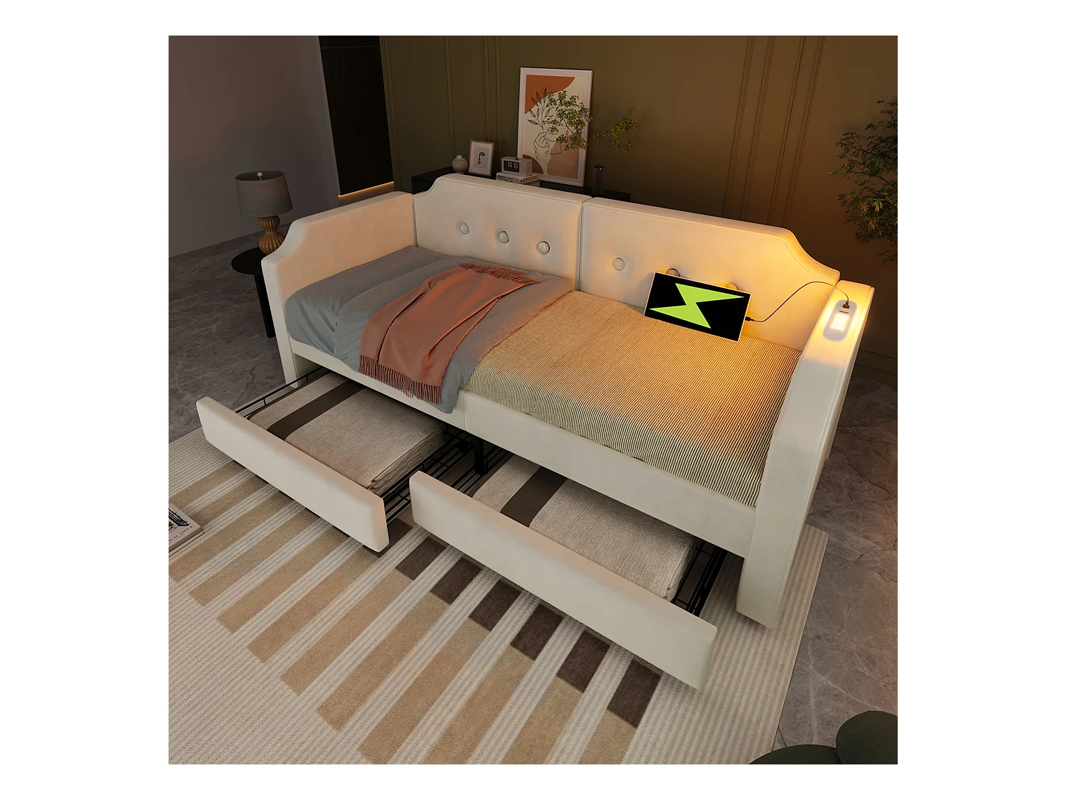 Sofabett 90x200 cm avec USB Type-C et lampe de lecture, lit avec 2 tiroirs de rangement, cadre en velours beige avec sommier en bois (217x99x76 cm)