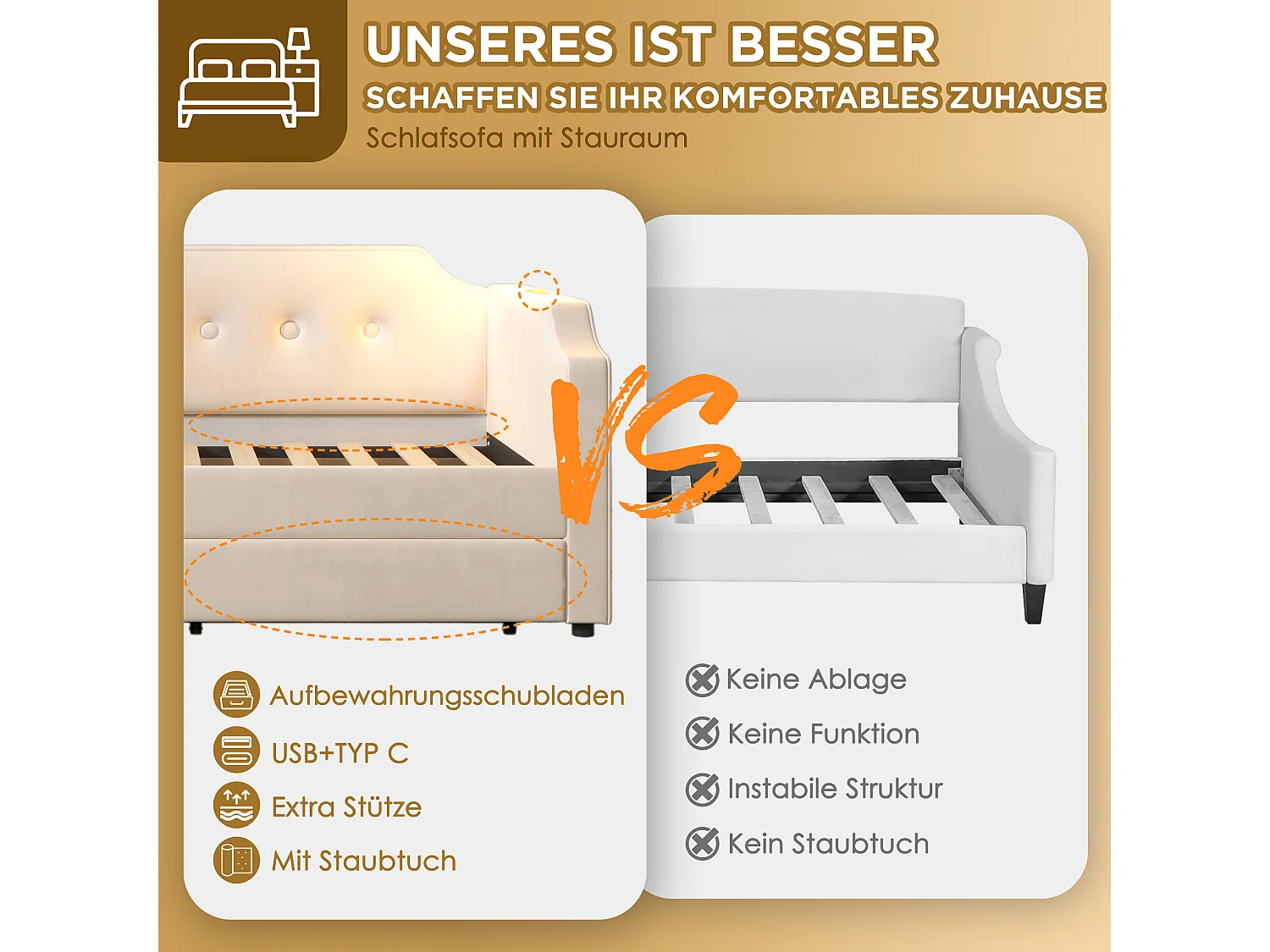 Sofabett 90x200 cm avec USB Type-C et lampe de lecture, lit avec 2 tiroirs de rangement, cadre en velours beige avec sommier en bois (217x99x76 cm)