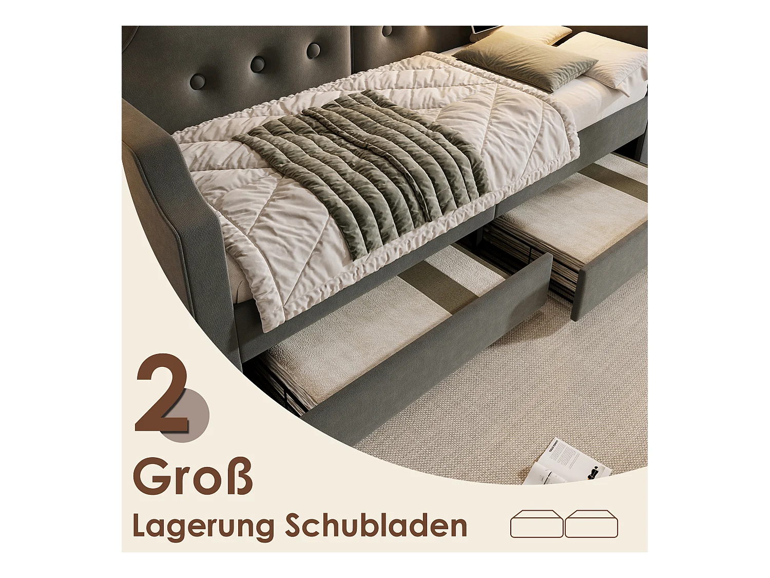 Sofabett 90x200 cm avec USB Type-C et lampe de lecture, lit avec 2 tiroirs de rangement, cadre en velours gris, sommier en bois (217x99x76 cm)