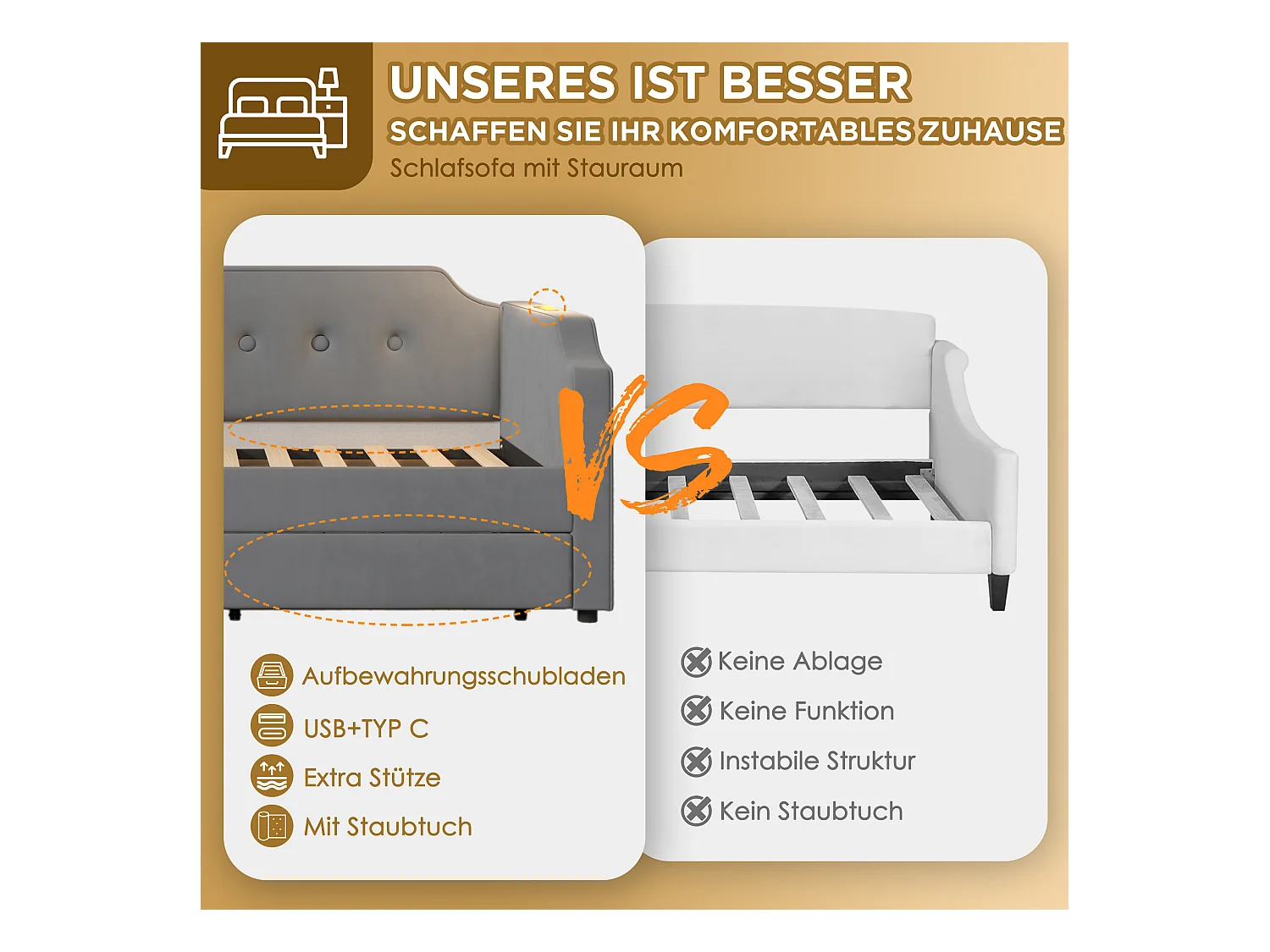 Sofabett 90x200 cm avec USB Type-C et lampe de lecture, lit avec 2 tiroirs de rangement, cadre en velours gris, sommier en bois (217x99x76 cm)