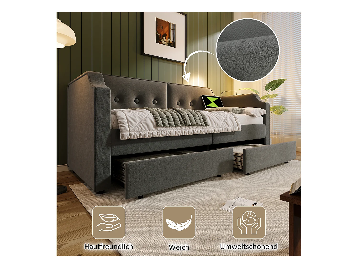 Sofabett 90x200 cm avec USB Type-C et lampe de lecture, lit avec 2 tiroirs de rangement, cadre en velours gris, sommier en bois (217x99x76 cm)