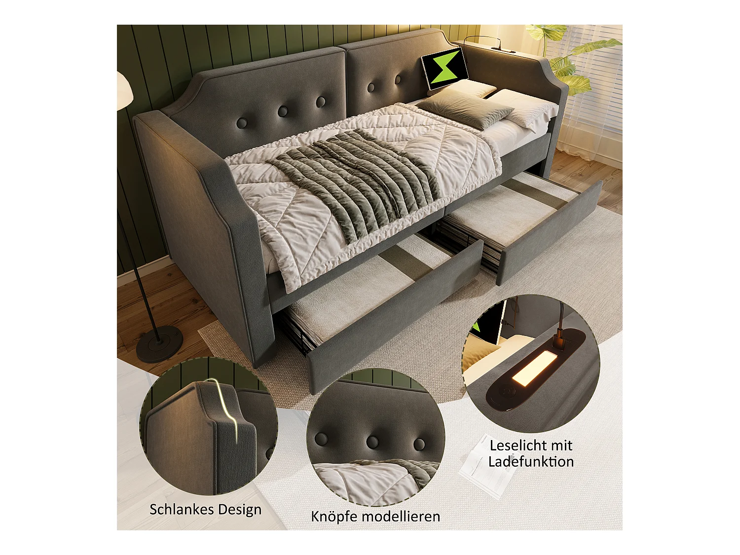 Sofabett 90x200 cm avec USB Type-C et lampe de lecture, lit avec 2 tiroirs de rangement, cadre en velours gris, sommier en bois (217x99x76 cm)