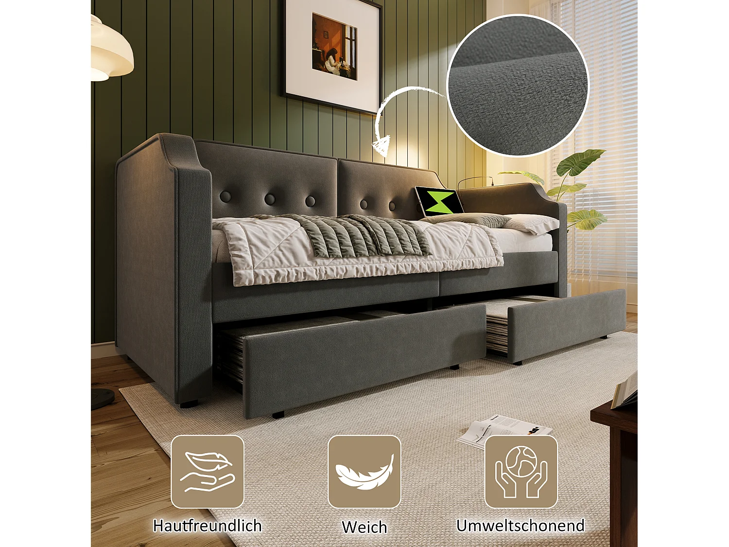 Sofabett 90x200 cm avec USB Type-C et lampe de lecture, lit avec 2 tiroirs de rangement, cadre en velours gris, sommier en bois (217x99x76 cm)