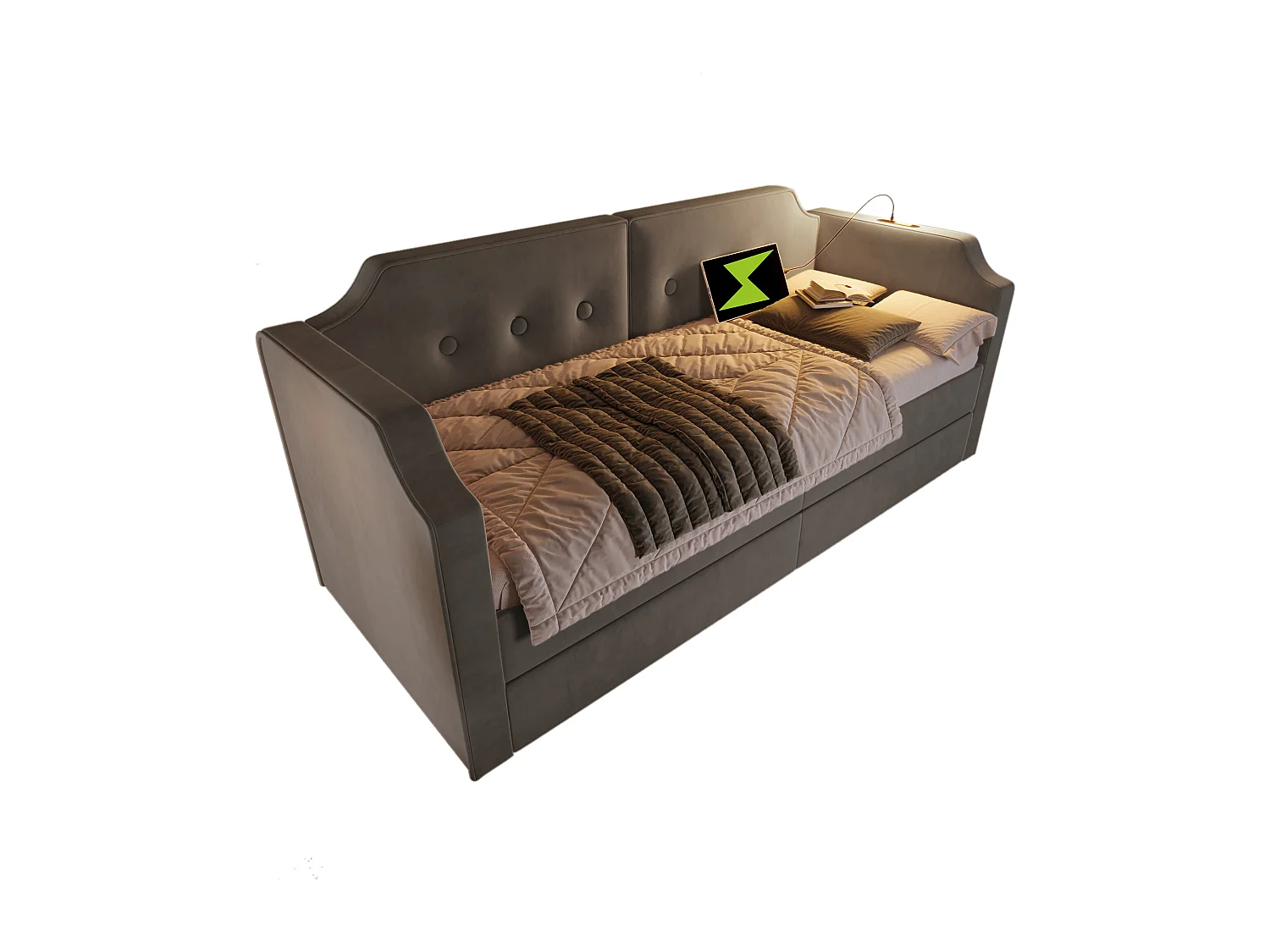 Sofabett 90x200 cm avec USB Type-C et lampe de lecture, lit avec 2 tiroirs de rangement, cadre en velours gris, sommier en bois (217x99x76 cm)