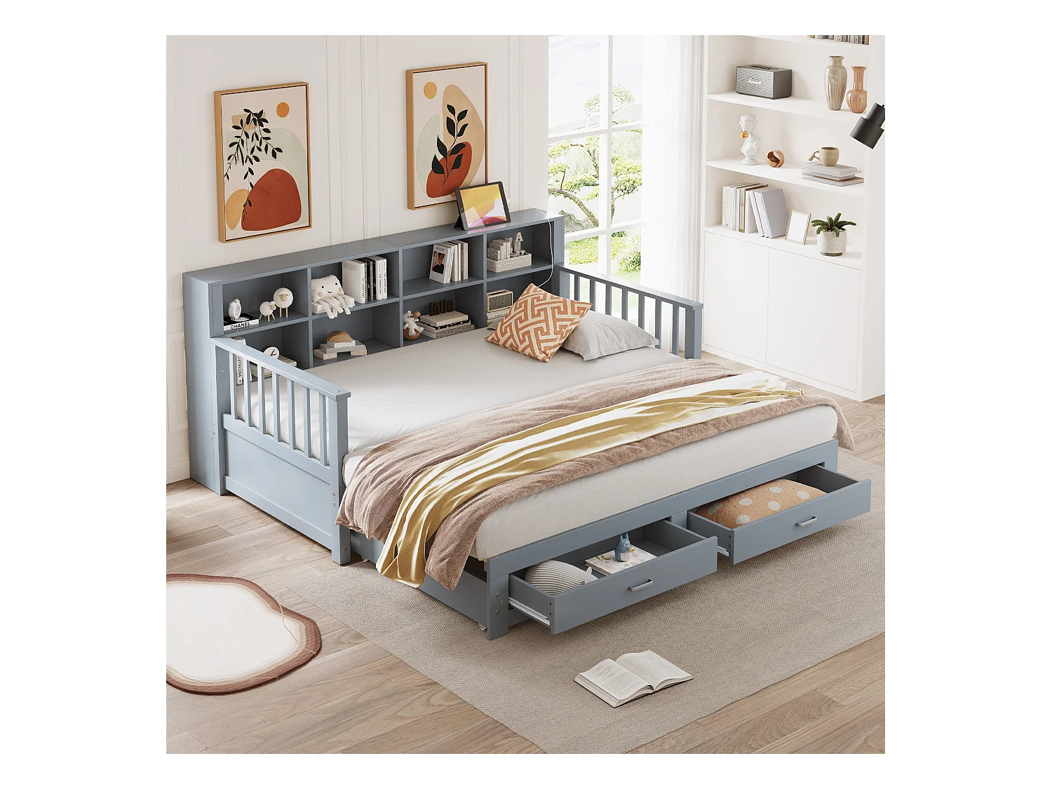 Canapé-lit extensible en bois massif, avec rangement et prise de courant, gris, (196.2x117x80 cm)