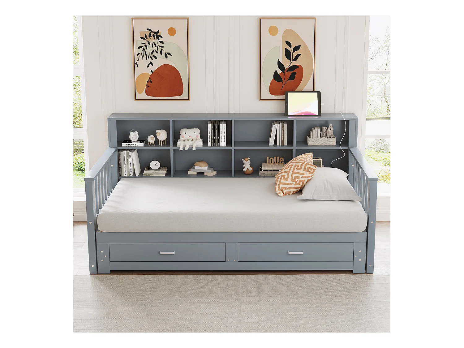 Canapé-lit extensible en bois massif, avec rangement et prise de courant, gris, (196.2x117x80 cm)