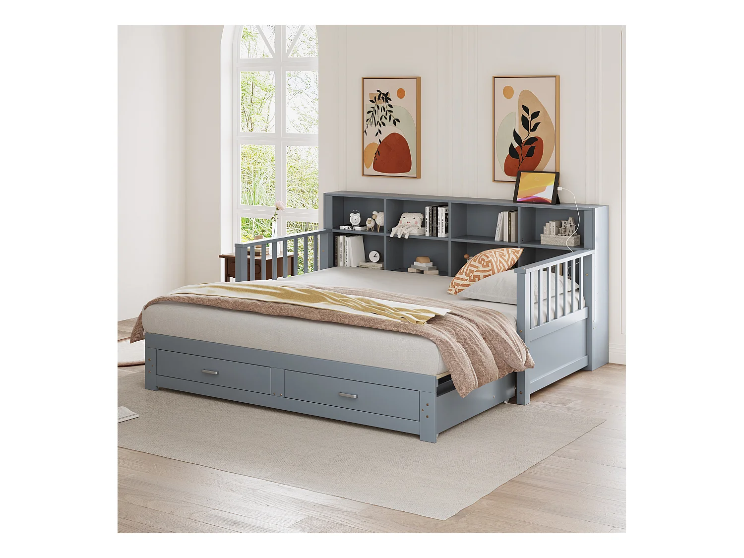 Canapé-lit extensible en bois massif, avec rangement et prise de courant, gris, (196.2x117x80 cm)