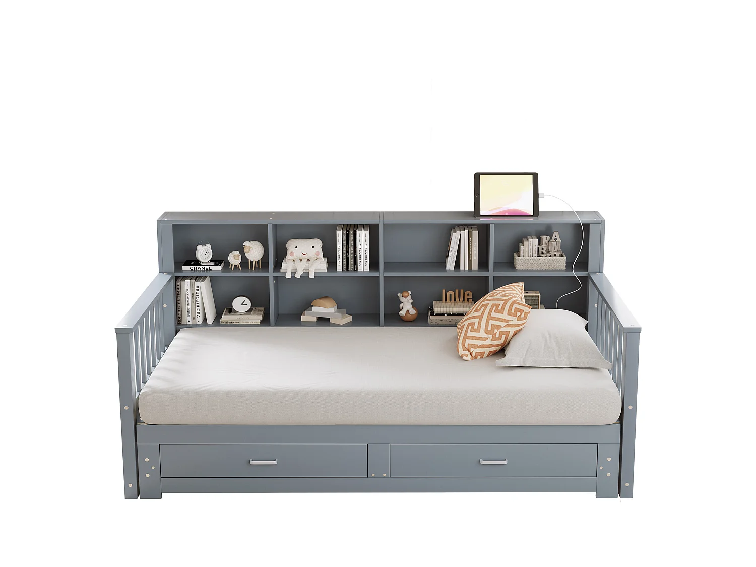 Canapé-lit extensible en bois massif, avec rangement et prise de courant, gris, (196.2x117x80 cm)