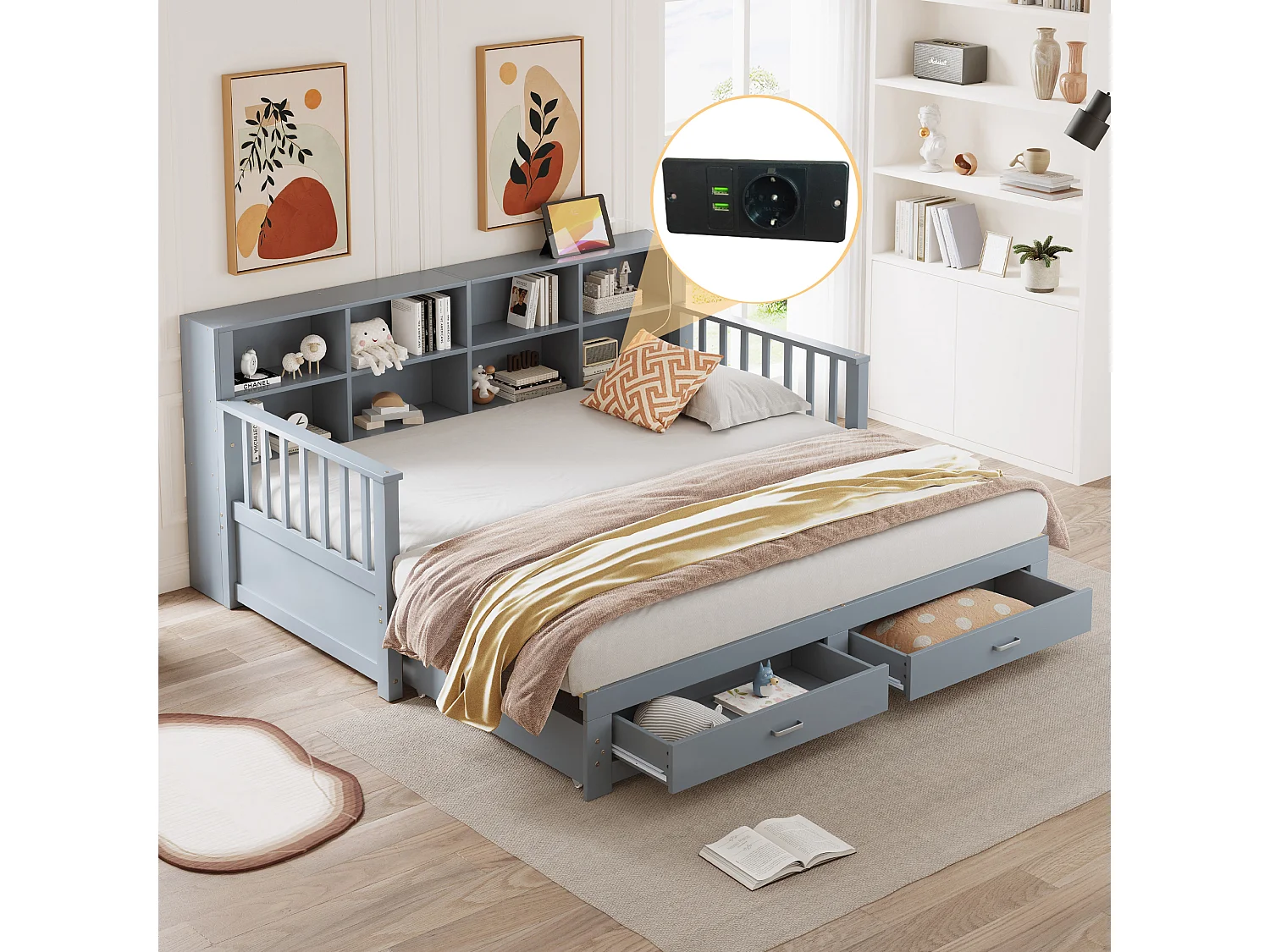 Sofá cama extensible de madera maciza con almacenaje y toma de corriente, gris, (196,2x117x80 cm)