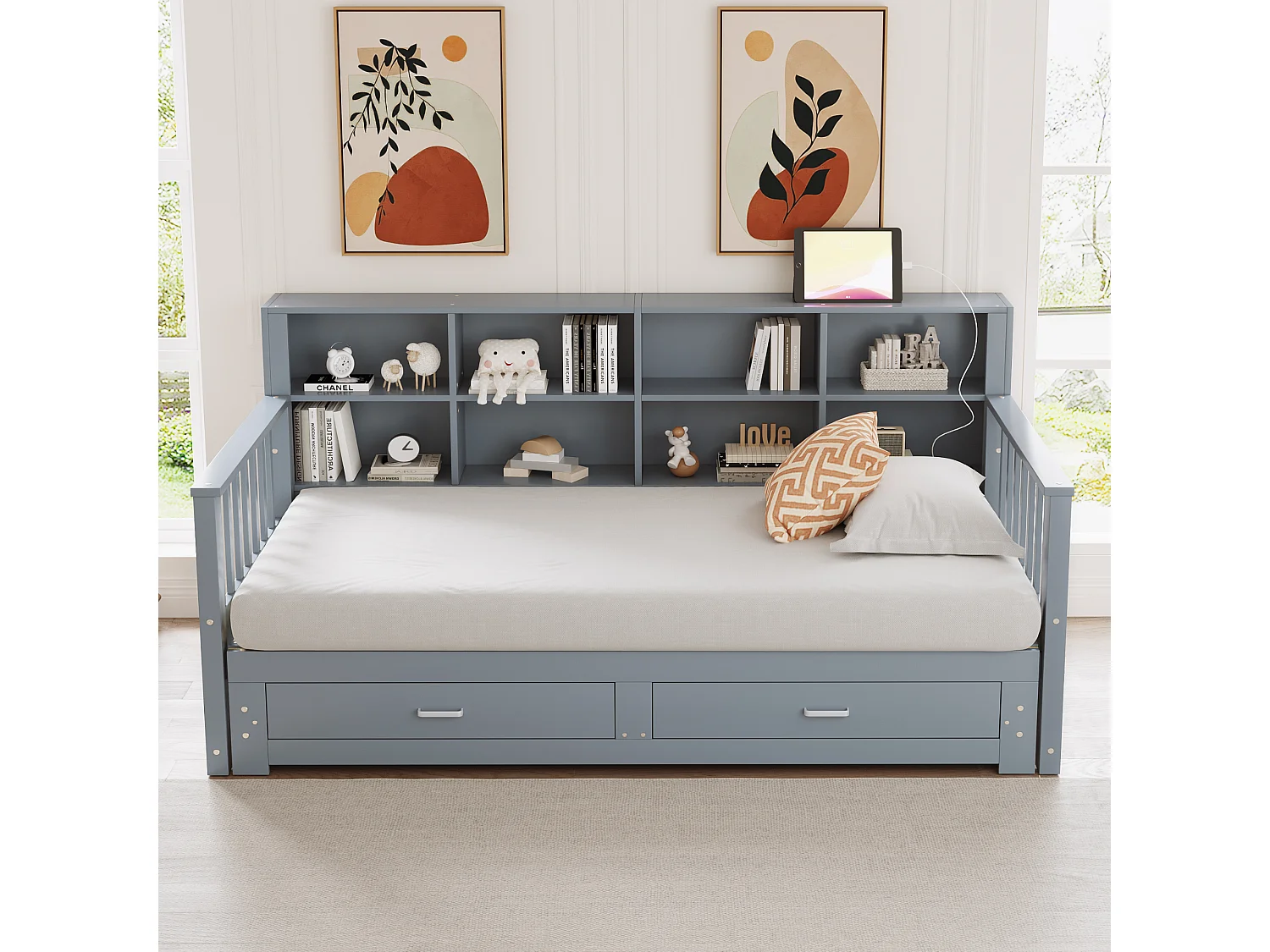 Sofá cama extensible de madera maciza con almacenaje y toma de corriente, gris, (196,2x117x80 cm)
