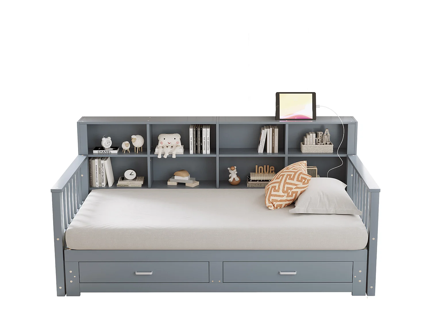 Sofá cama extensible de madera maciza con almacenaje y toma de corriente, gris, (196,2x117x80 cm)