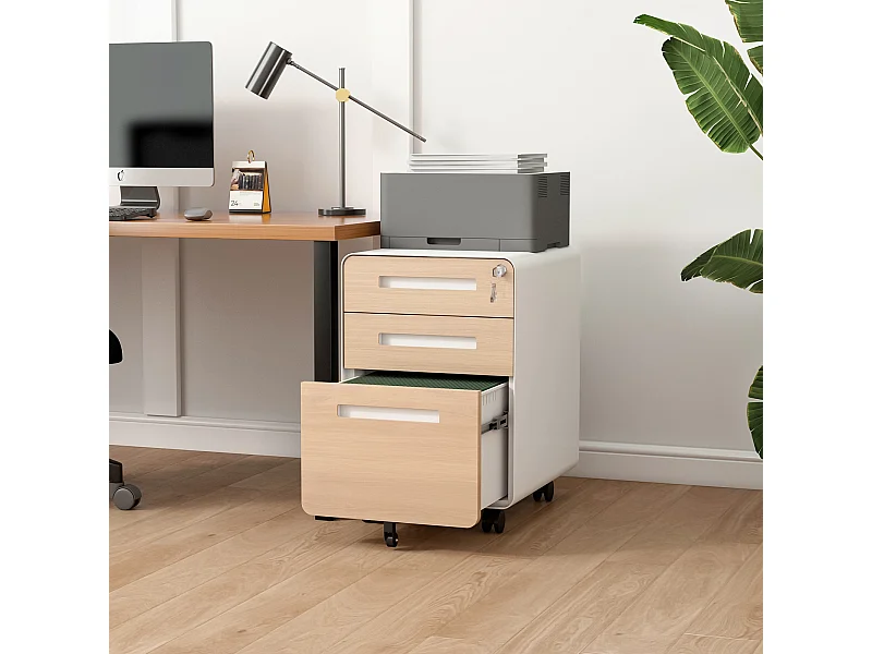 Mobiele archiefkast met 3 laden, staal, afsluitbaar, verstelbare planken, wit (46x40x58 cm)