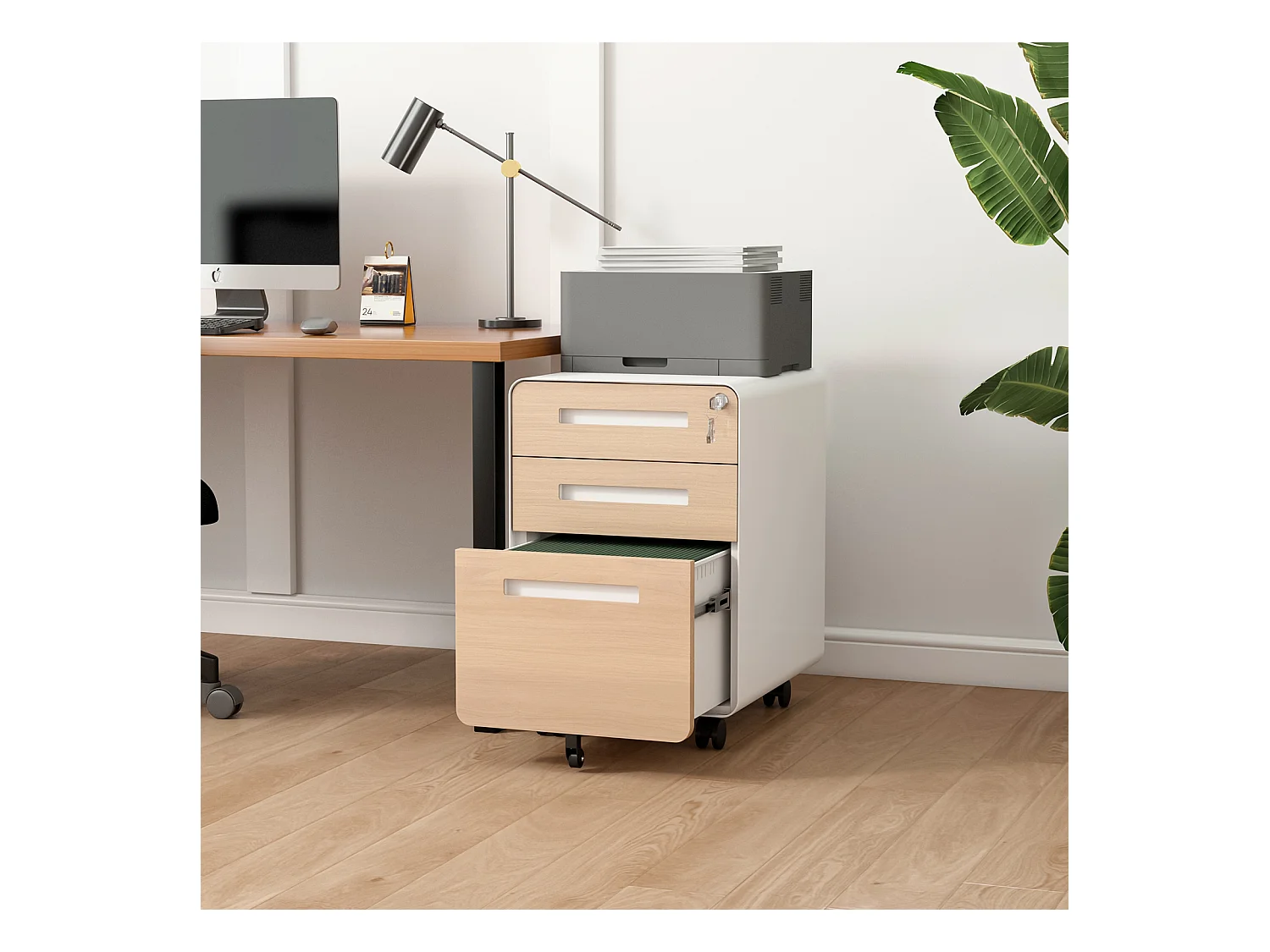 Mobiele archiefkast met 3 laden, staal, afsluitbaar, verstelbare planken, wit (46x40x58 cm)