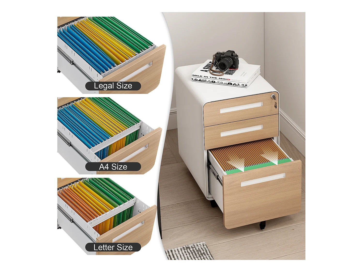 Mobiele archiefkast met 3 laden, staal, afsluitbaar, verstelbare planken, wit (46x40x58 cm)