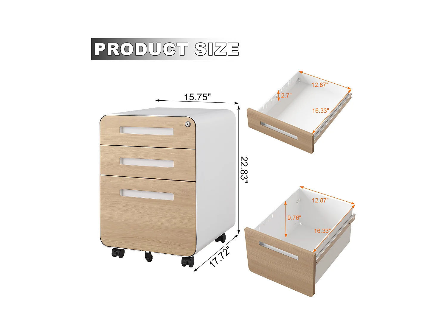 Mobiele archiefkast met 3 laden, staal, afsluitbaar, verstelbare planken, wit (46x40x58 cm)