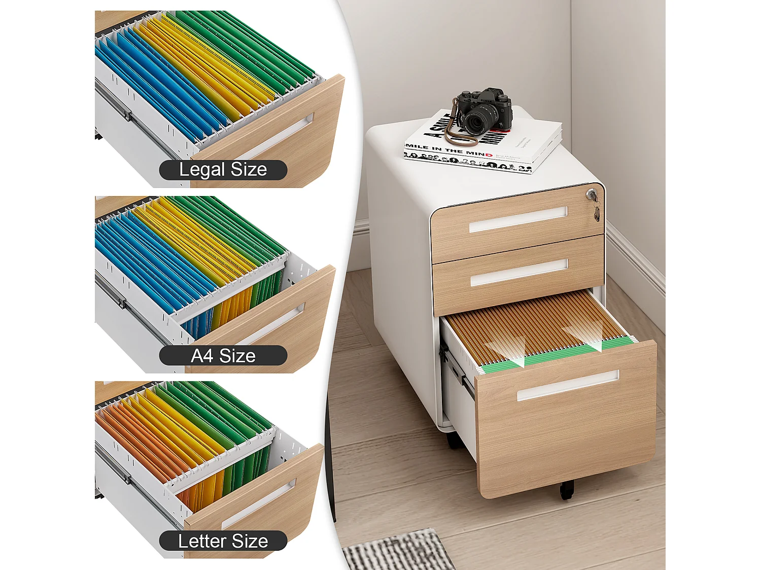 Armoire à fichiers mobile 3 tiroirs, acier, verrouillable, étagères ajustables, blanc (46x40x58 cm)
