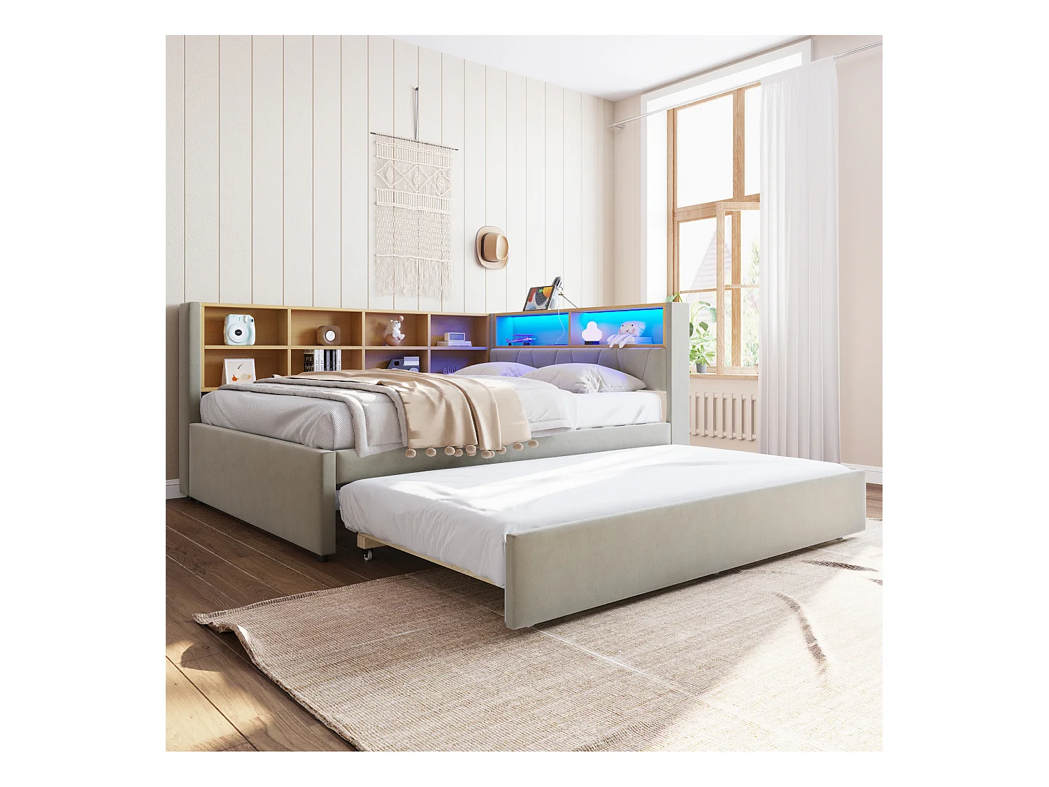 Canapé-lit avec tiroir, lit extensible 90x190 cm, avec éclairage LED, prises USB et nombreux compartiments, flanelle gris clair (213x153x98 cm)