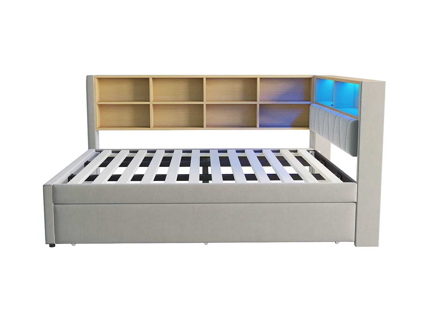 Canapé-lit avec tiroir, lit extensible 90x190 cm, avec éclairage LED, prises USB et nombreux compartiments, flanelle gris clair (213x153x98 cm)