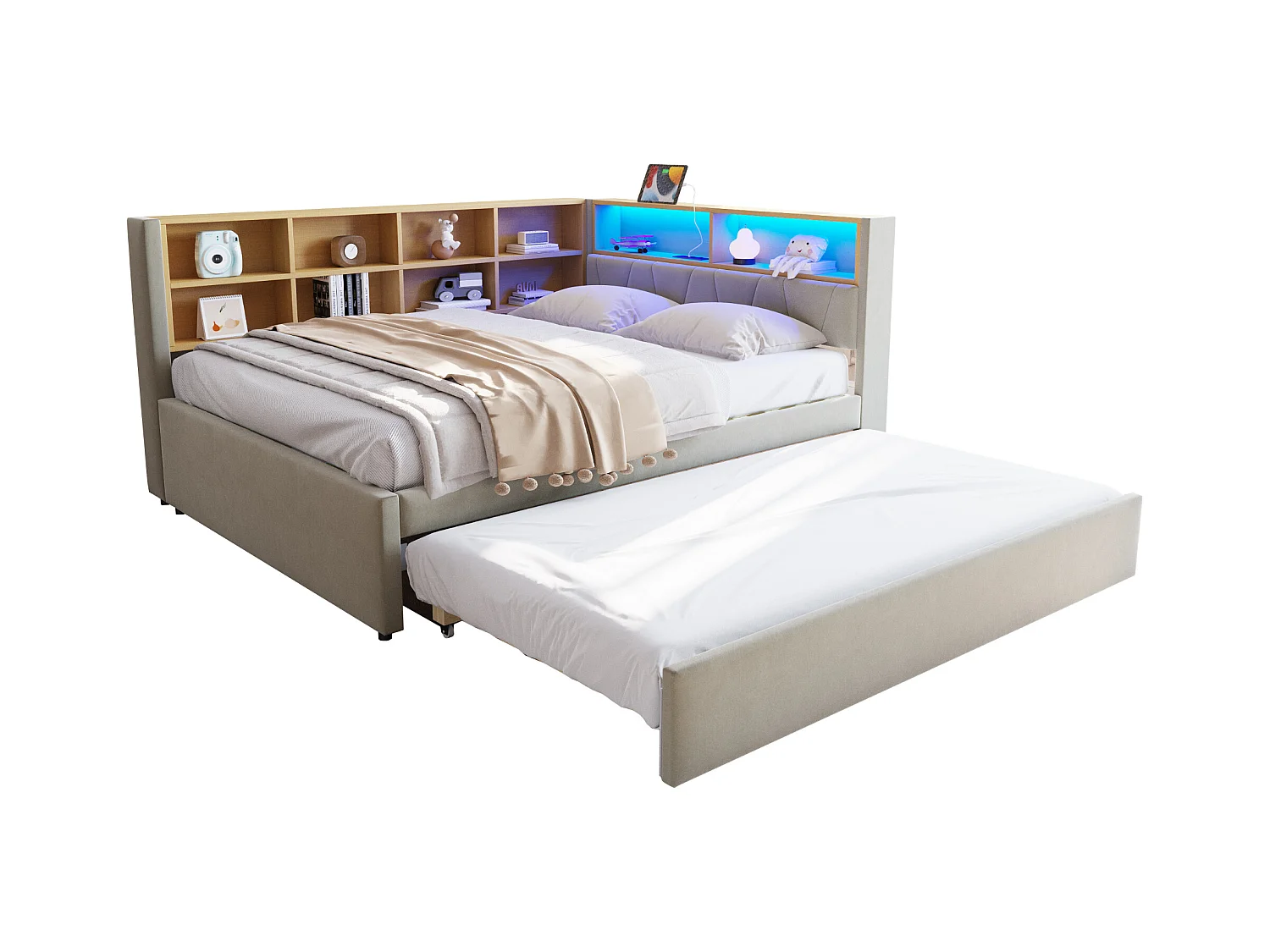 Canapé-lit avec tiroir, lit extensible 90x190 cm, avec éclairage LED, prises USB et nombreux compartiments, flanelle gris clair (213x153x98 cm)