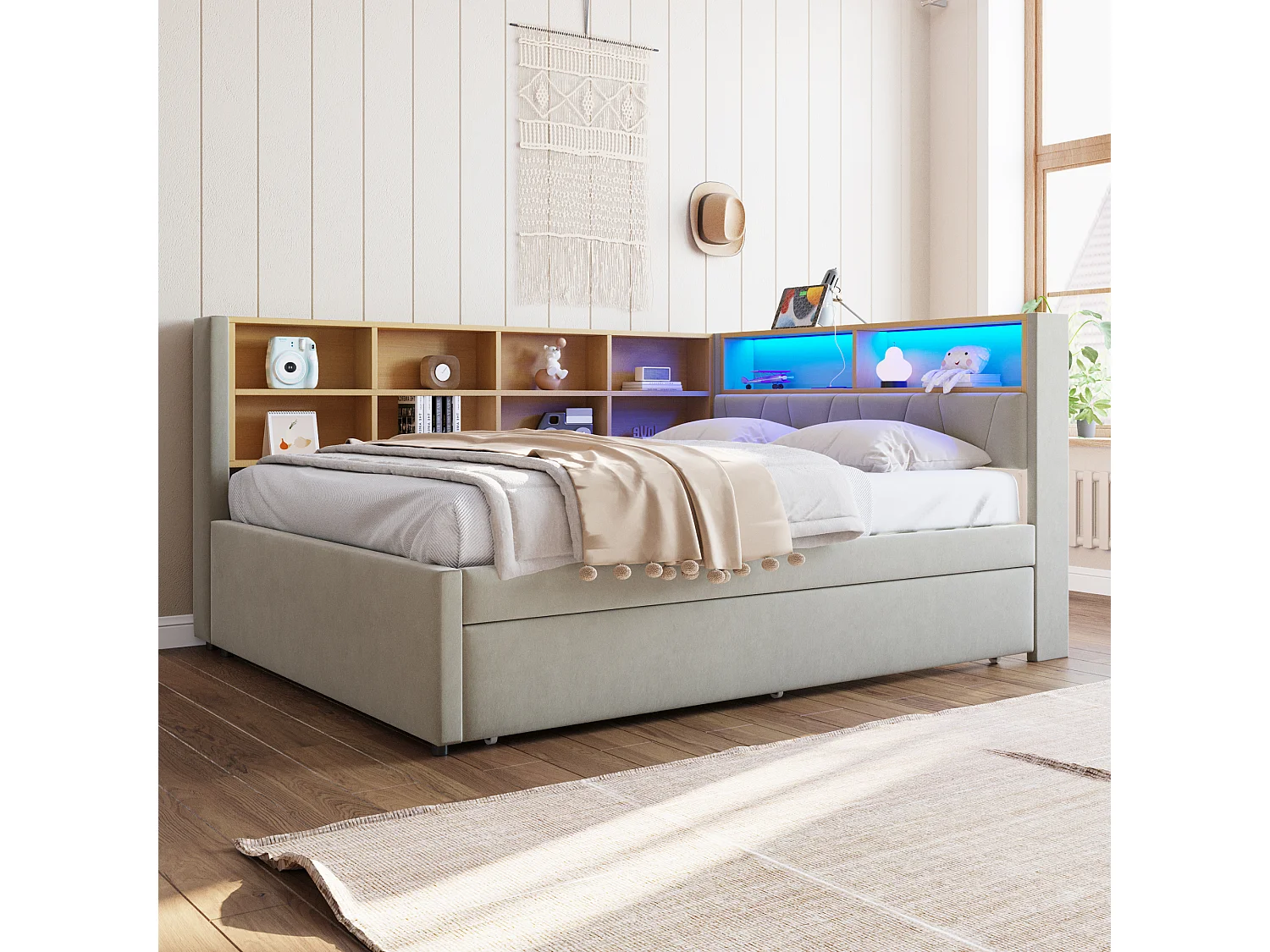 Canapé-lit avec tiroir, lit extensible 90x190 cm, avec éclairage LED, prises USB et nombreux compartiments, flanelle gris clair (213x153x98 cm)