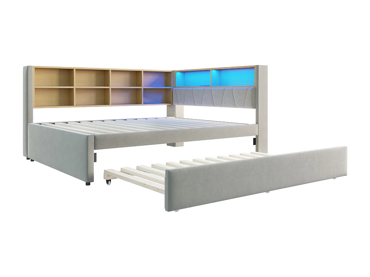 Canapé-lit avec tiroir, lit extensible 90x190 cm, avec éclairage LED, prises USB et nombreux compartiments, flanelle gris clair (213x153x98 cm)