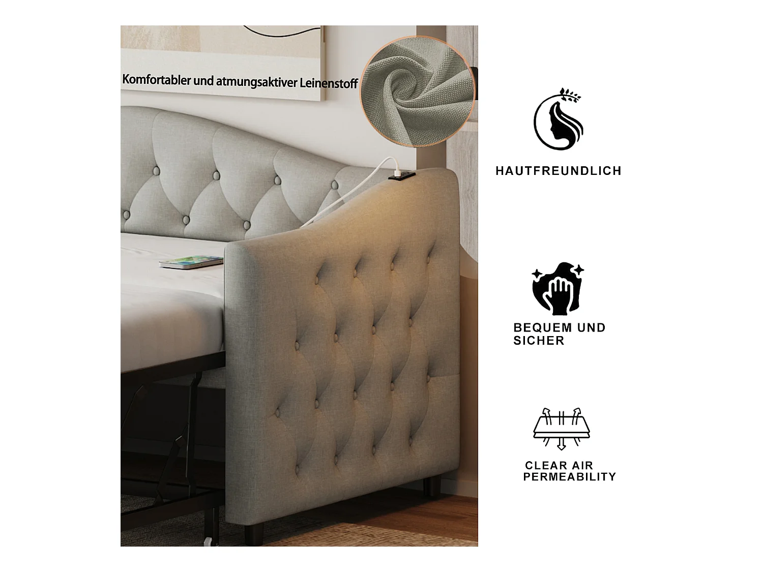 Canapé-lit 90 x 200 cm, Lit Extensible 180 x 190 cm, USB et Rangement, Lattenrost, Lin, Gris (213 x 95 x 80 cm)