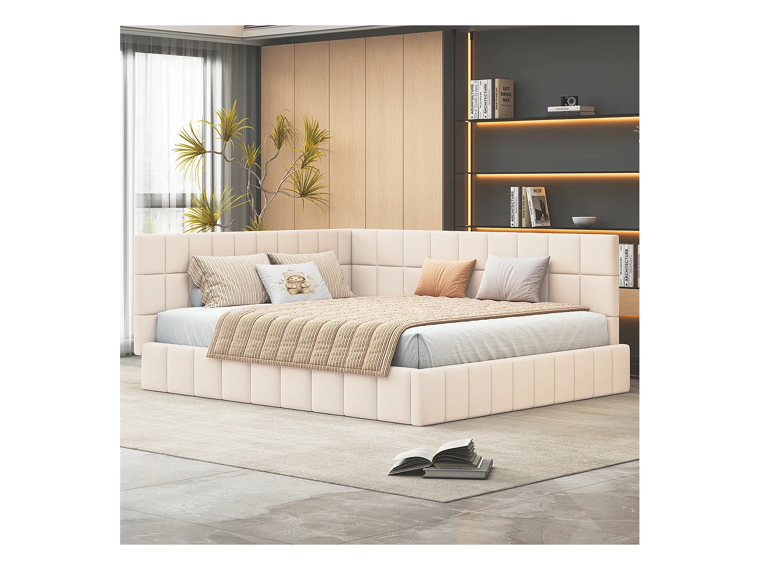 Sofá cama multifuncional de 160/200 cm con somier de láminas de terciopelo suave, beige (206 x 168 x 62,5 cm)