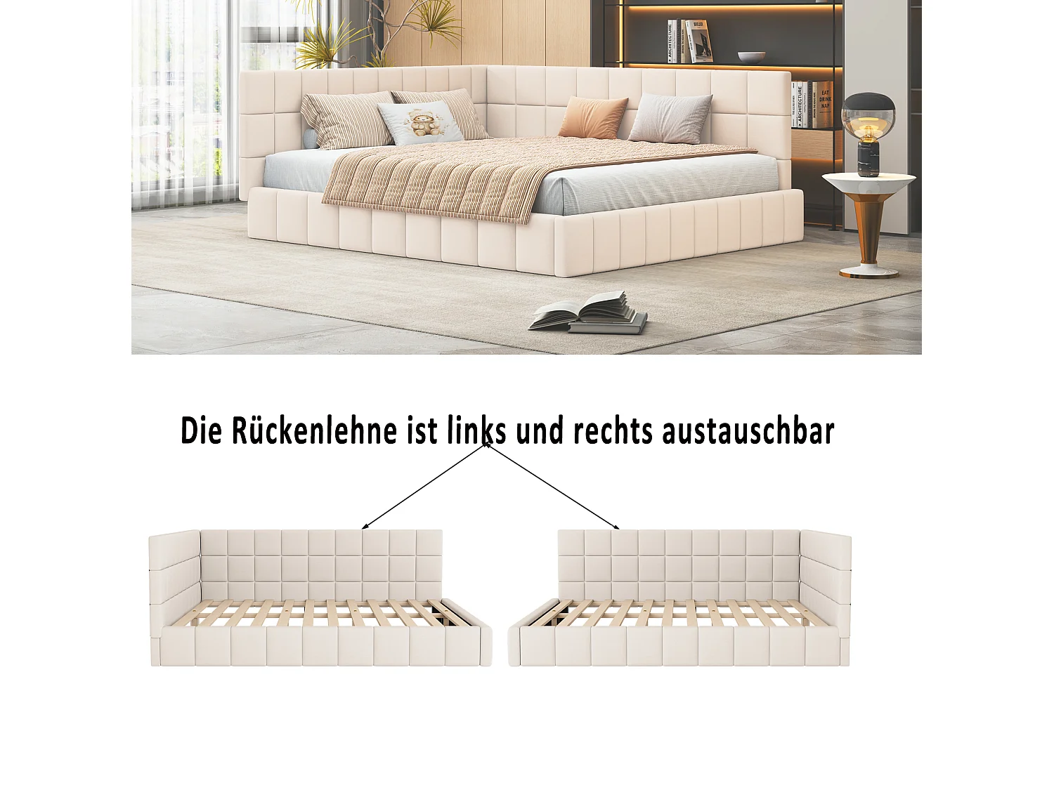 Sofá cama multifuncional de 160/200 cm con somier de láminas de terciopelo suave, beige (206 x 168 x 62,5 cm)