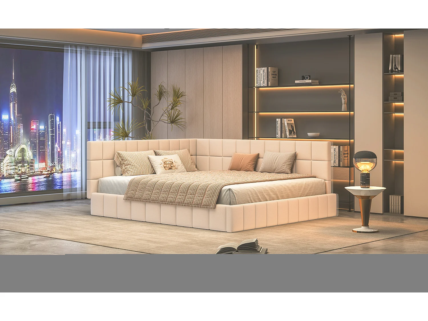 Sofá cama multifuncional de 160/200 cm con somier de láminas de terciopelo suave, beige (206 x 168 x 62,5 cm)