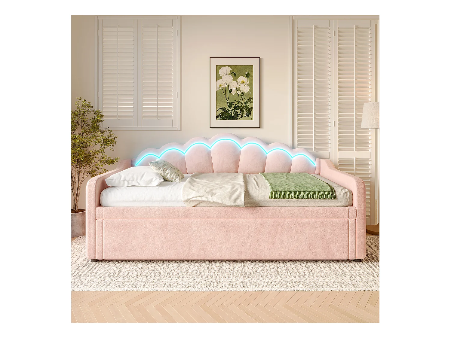 Lit avec tiroirs de rangement, canapé-lit hydraulique, 90x200cm (180x200cm), en velours, LED changeant de couleur, rose (214x98x87 cm)