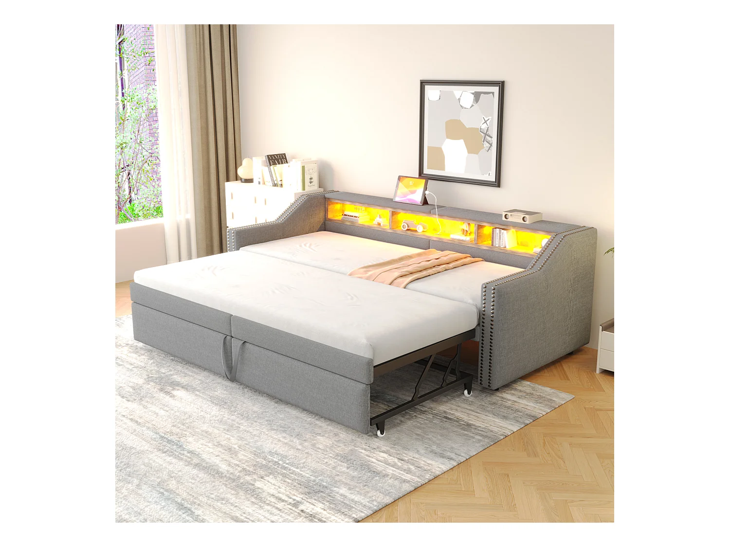 Sofá cama con estructura de madera, extensible, almacenaje multifuncional, LED y toma USB, lino, gris claro (214x102x74 cm)