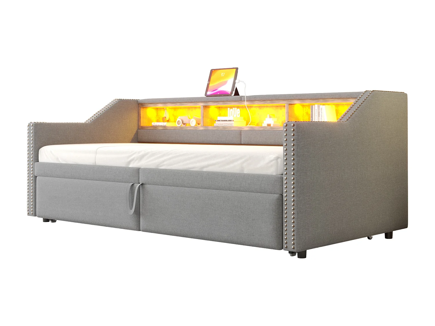Slaapbank met houten frame, uitschuifbaar, multifunctionele opbergruimte, LED- en USB-aansluiting, linnen, lichtgrijs (214x102x74 cm)