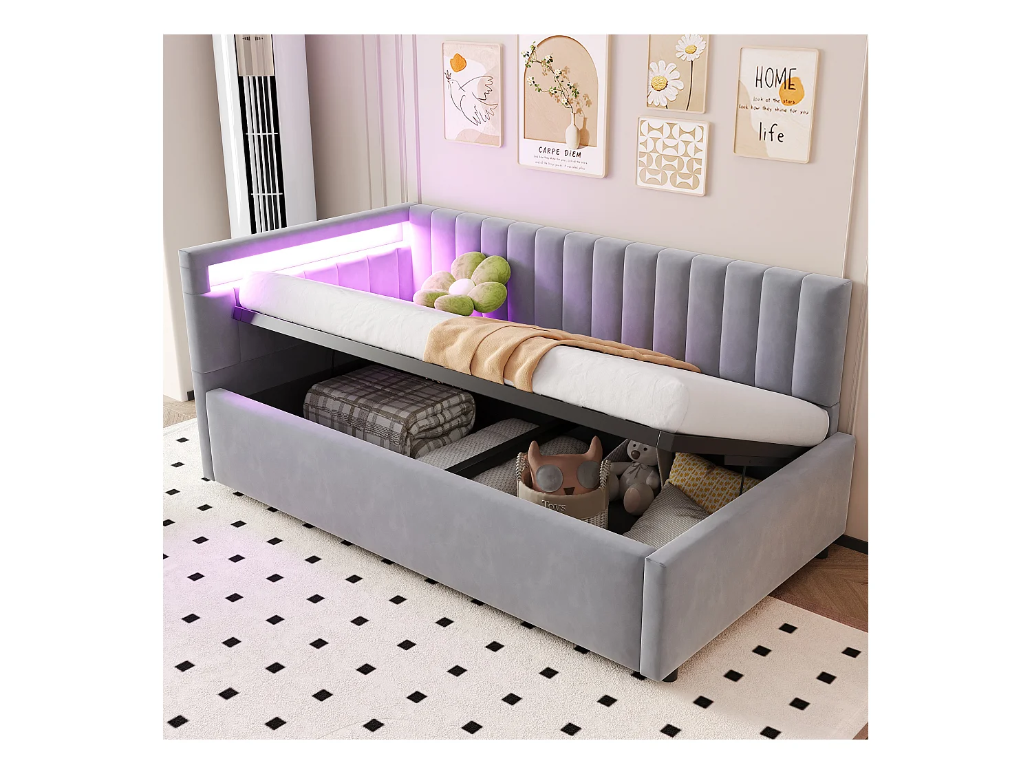 Canapé-lit 90/180x190 cm avec LED, rangement hydraulique, tête de lit ajustable, tissu en velours gris (206x95x68.5 cm)