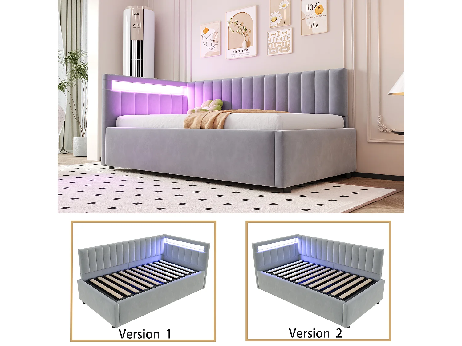 Sofá cama 90/180x190 cm con LED, arcón hidráulico, cabecero regulable, tejido terciopelo gris (206x95x68,5 cm)