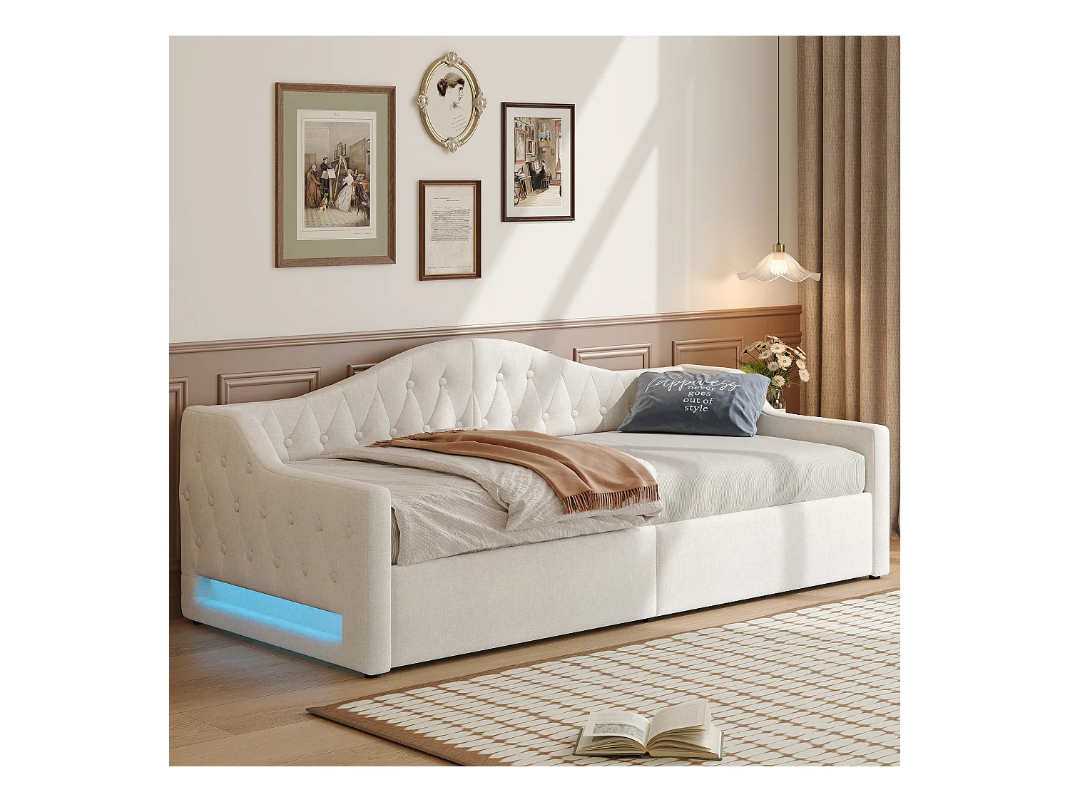 Lit de jour 90x200 avec LED et rangement, tissu lin beige, cadre en MDF et contreplaqué (213.5x98x69 cm)