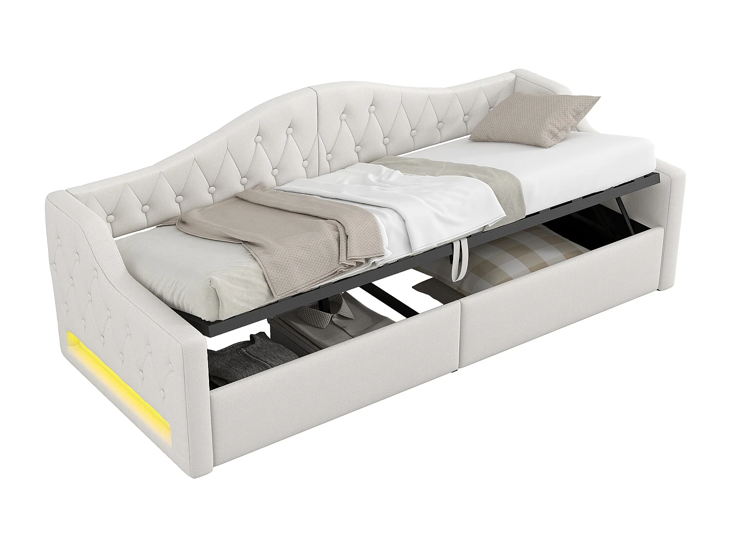 Lit de jour 90x200 avec LED et rangement, tissu lin beige, cadre en MDF et contreplaqué (213.5x98x69 cm)