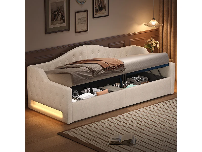 Lit de jour 90x200 avec LED et rangement, tissu lin beige, cadre en MDF et contreplaqué (213.5x98x69 cm)