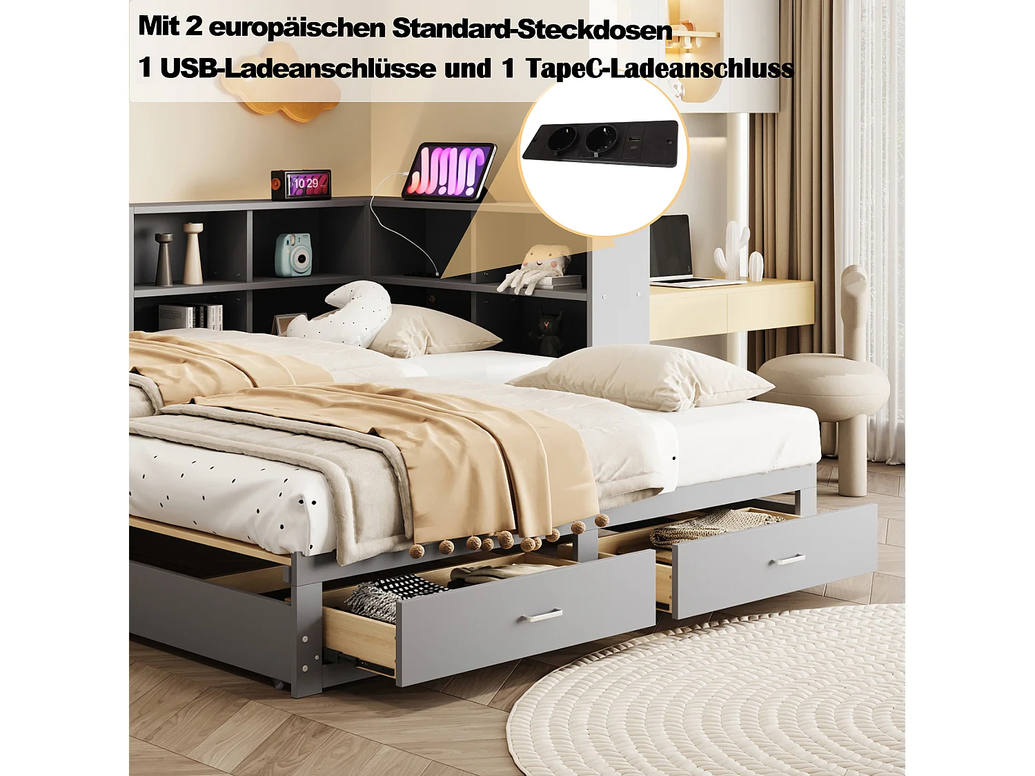 Massief houten slaapbank met lades en opbergruimte, multifunctioneel stopcontact, 90/180\190 cm, grijs (216,6x201,8x82 cm)