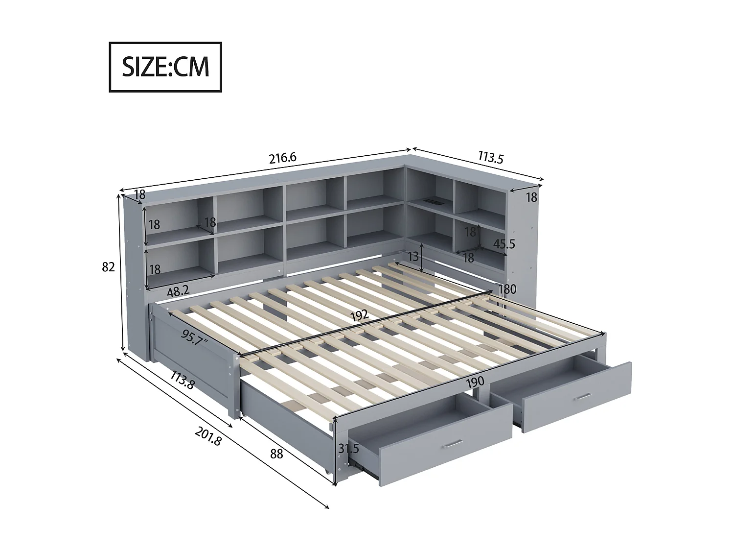 Massief houten slaapbank met lades en opbergruimte, multifunctioneel stopcontact, 90/180\190 cm, grijs (216,6x201,8x82 cm)