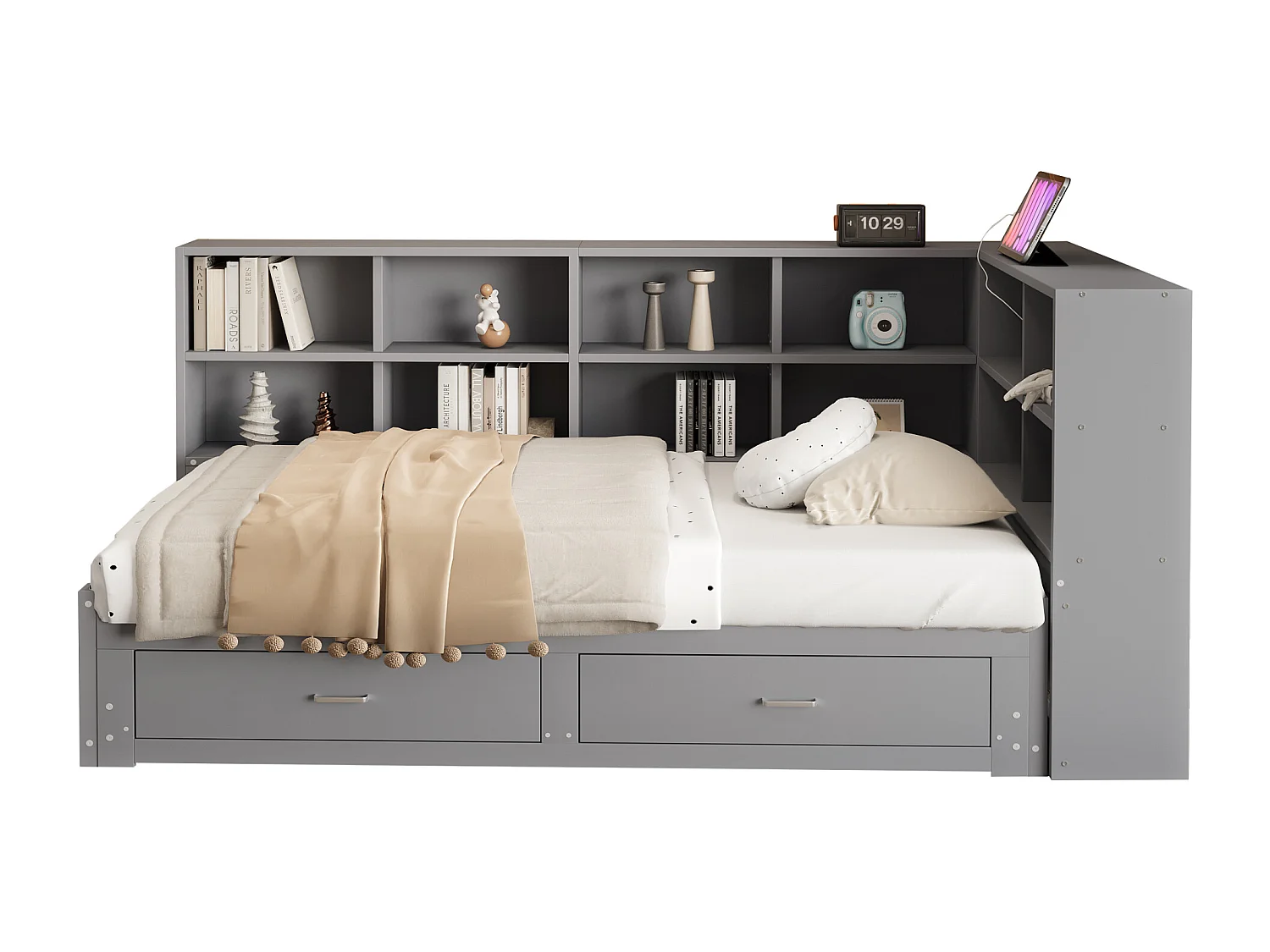 Massief houten slaapbank met lades en opbergruimte, multifunctioneel stopcontact, 90/180\190 cm, grijs (216,6x201,8x82 cm)