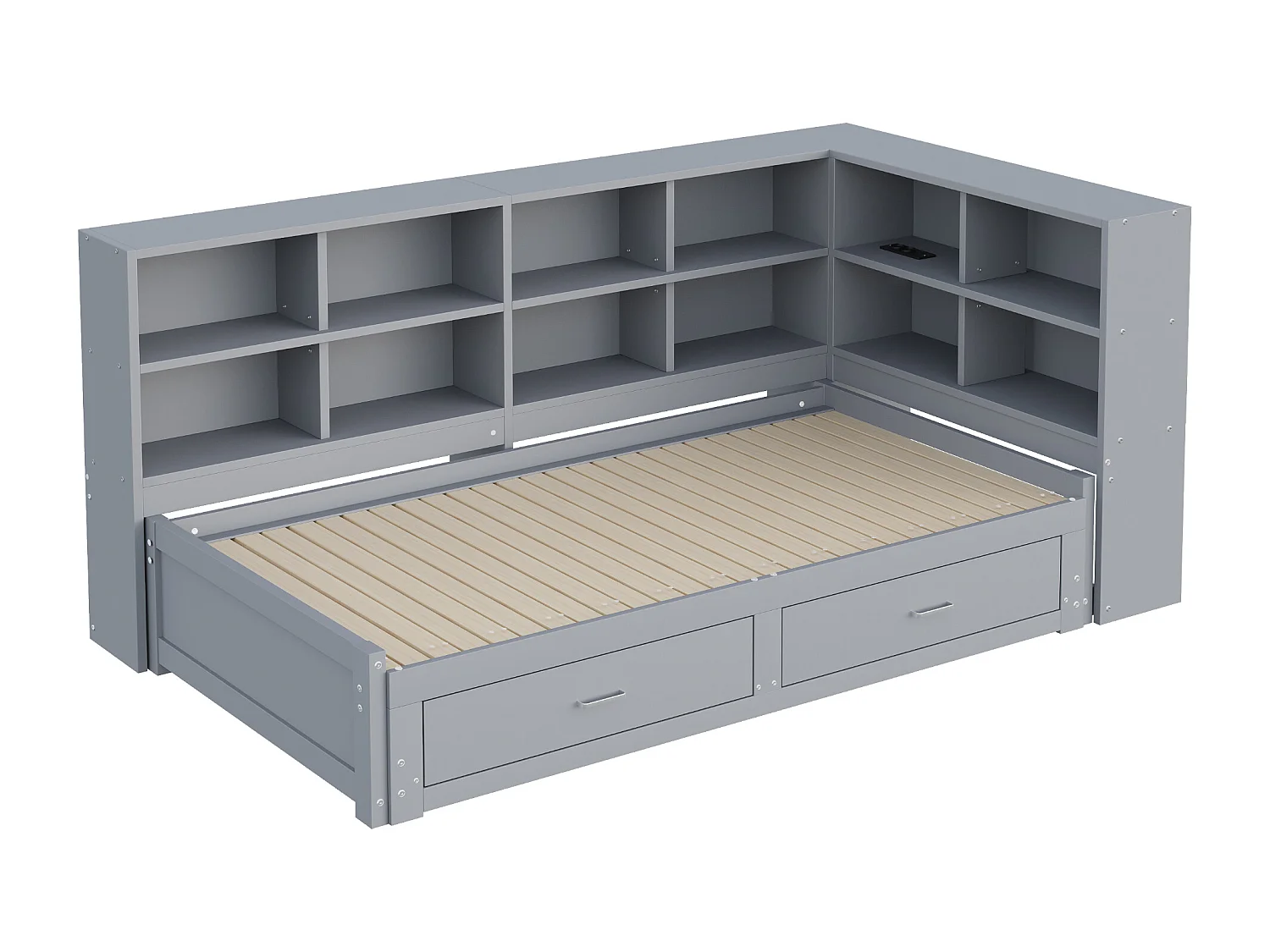 Massief houten slaapbank met lades en opbergruimte, multifunctioneel stopcontact, 90/180\190 cm, grijs (216,6x201,8x82 cm)