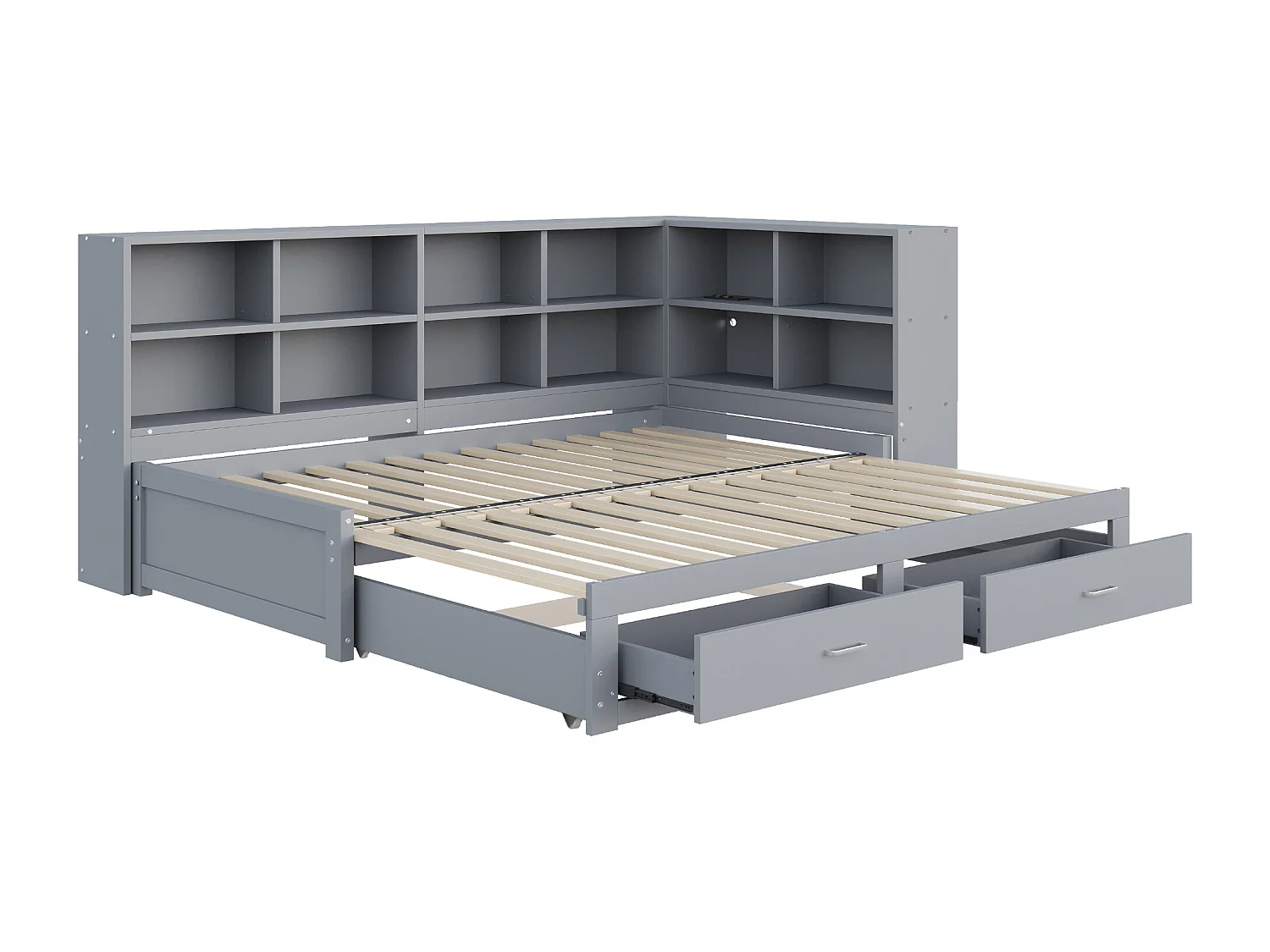 Massief houten slaapbank met lades en opbergruimte, multifunctioneel stopcontact, 90/180\190 cm, grijs (216,6x201,8x82 cm)